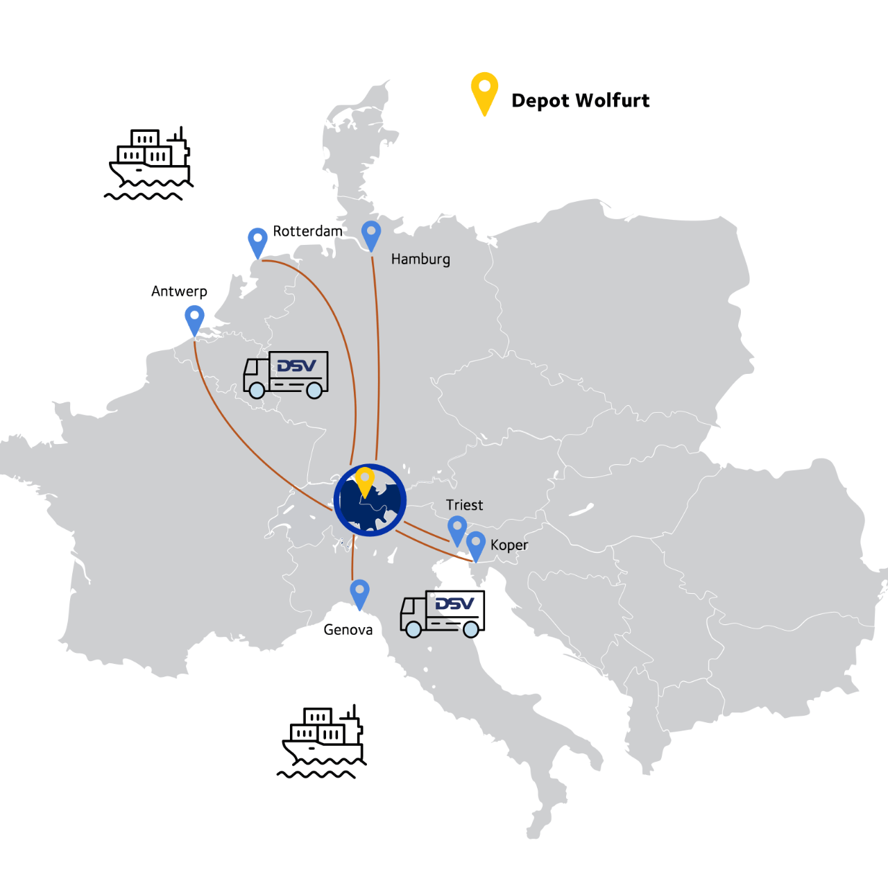 Map of Europe with connections from Wolfurt to ports in North and South Europe